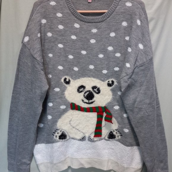 Adorable Fuzzy Dimensional Polar Bear Knit Sweater Size XL (T-345) - Picture 2 of 11